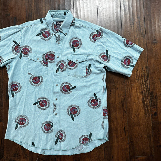 Wrangler VTG Aztec All Over Print Cowboy Cut Button Up Shirt Mens 16.5 USA