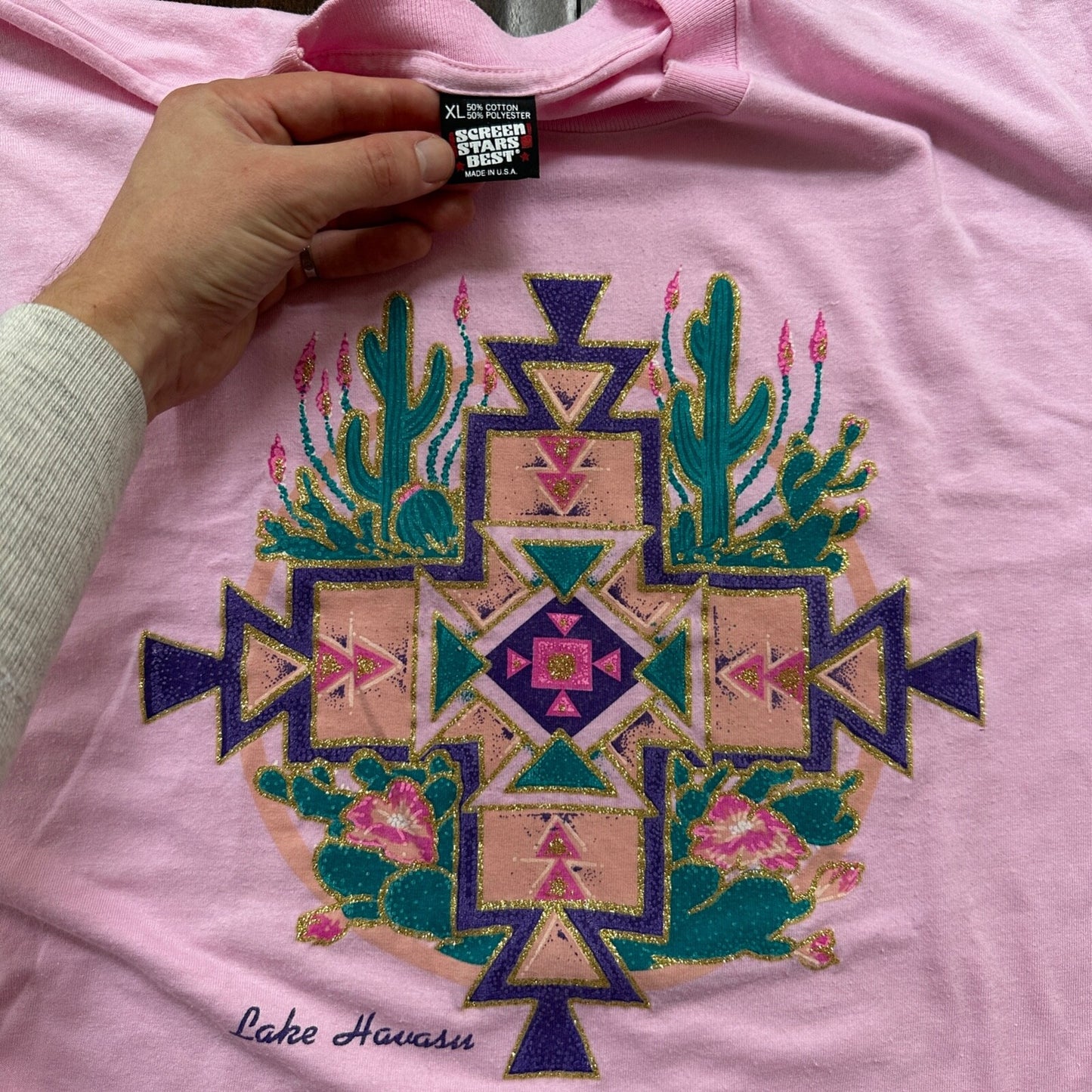 Screen Stars XL Pink Cross Cactus Arizona Travel USA Vintage T Shirt 80s Lake
