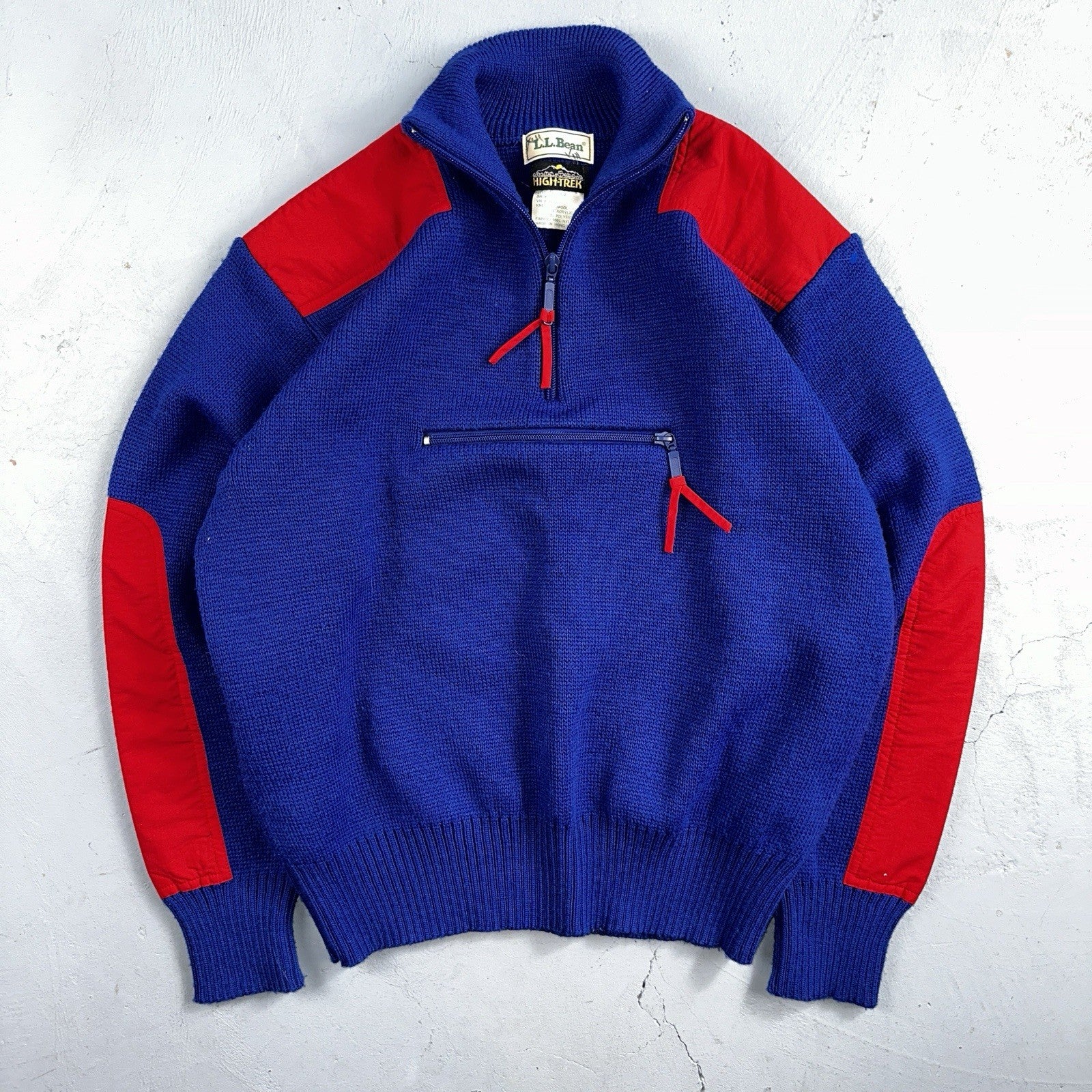 LL Bean VTG Sweater Mens Size M Red Blue Wool Blend High Trek Colorblock 80s