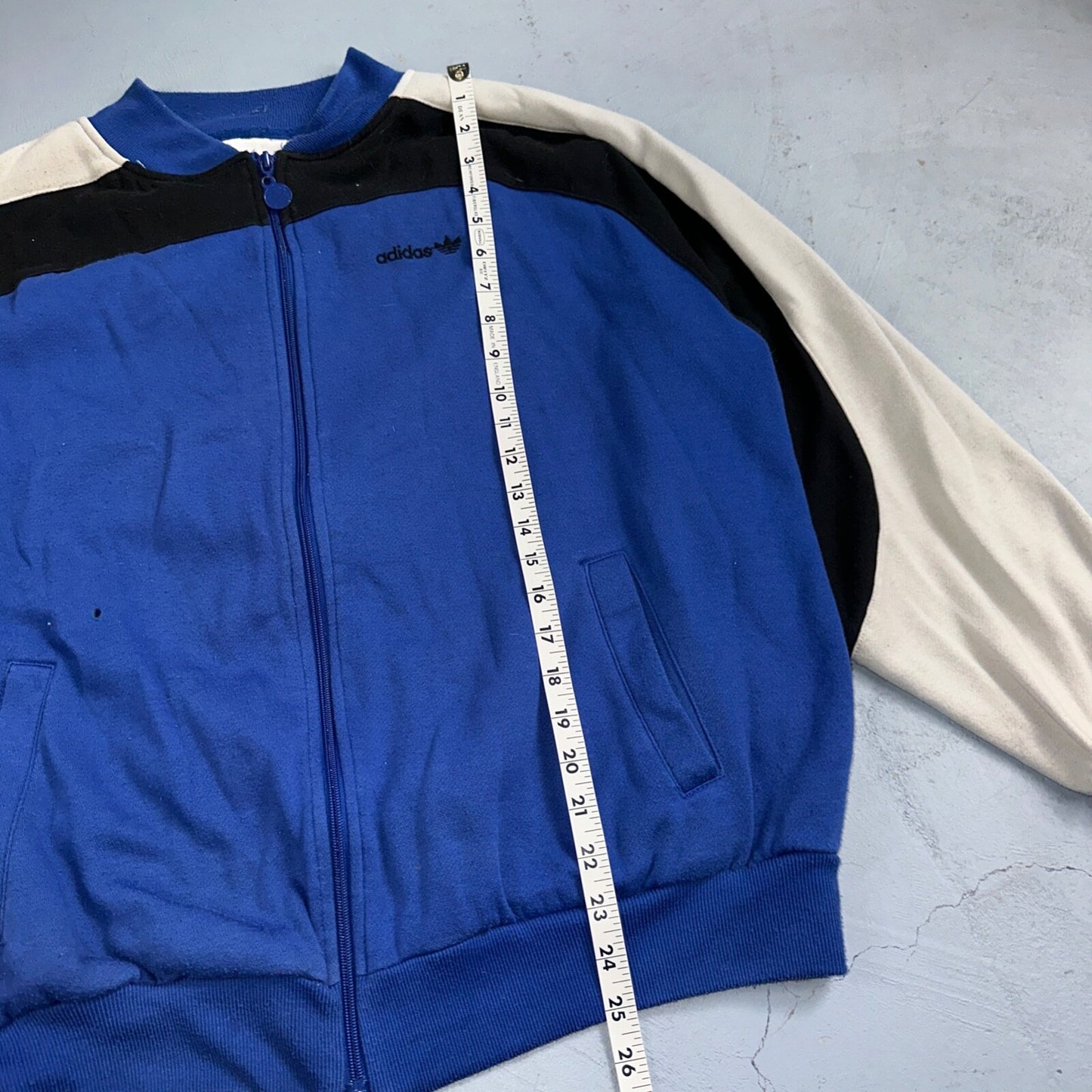 Adidas 80s 90s VTG Logo Sweater XL Blue Full Zip Sweatshirt Mens Burn Hole