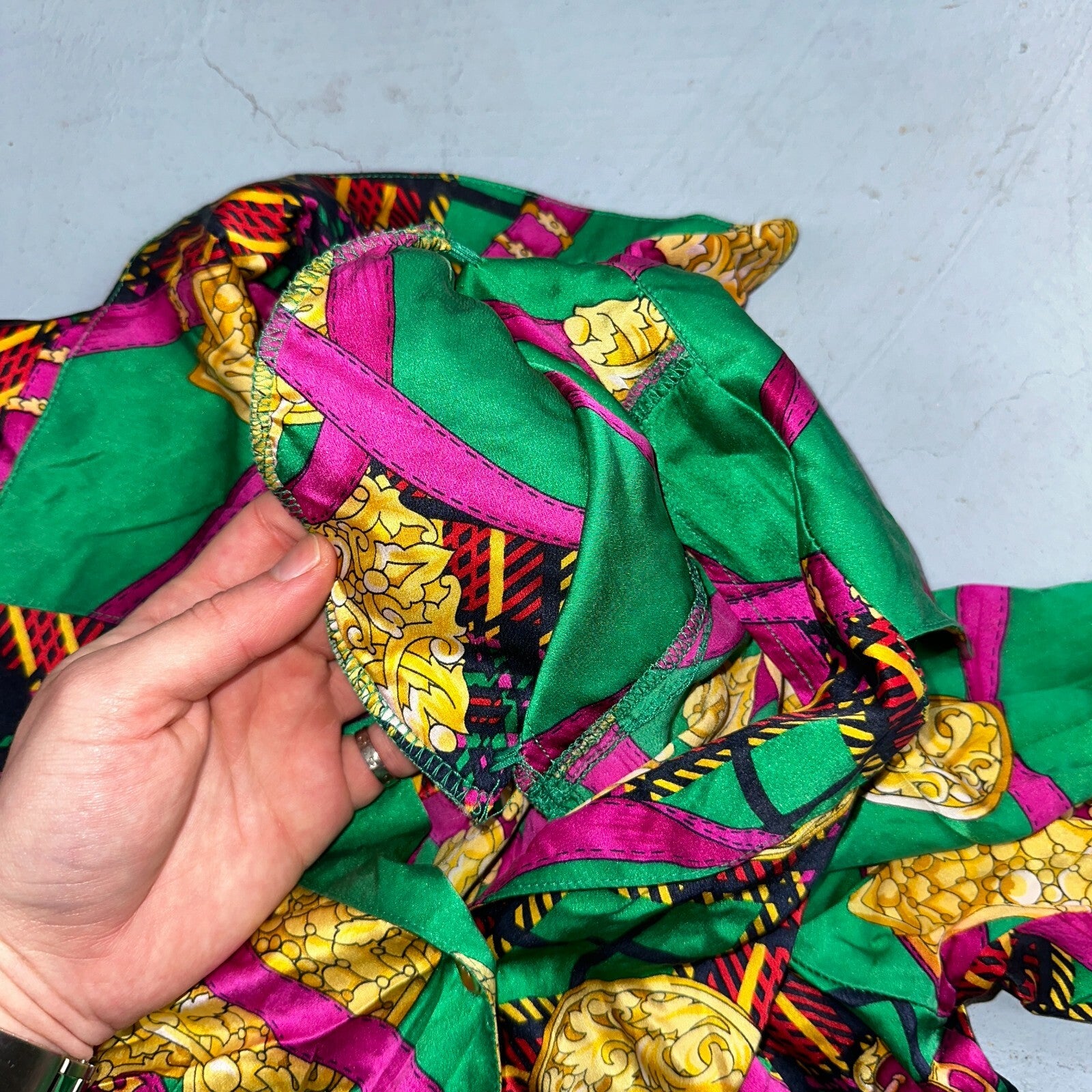 Peter Nygard Shirt Womens 12 Gold Green Silk Abstract VTG 80s Saks Fifth Avenue