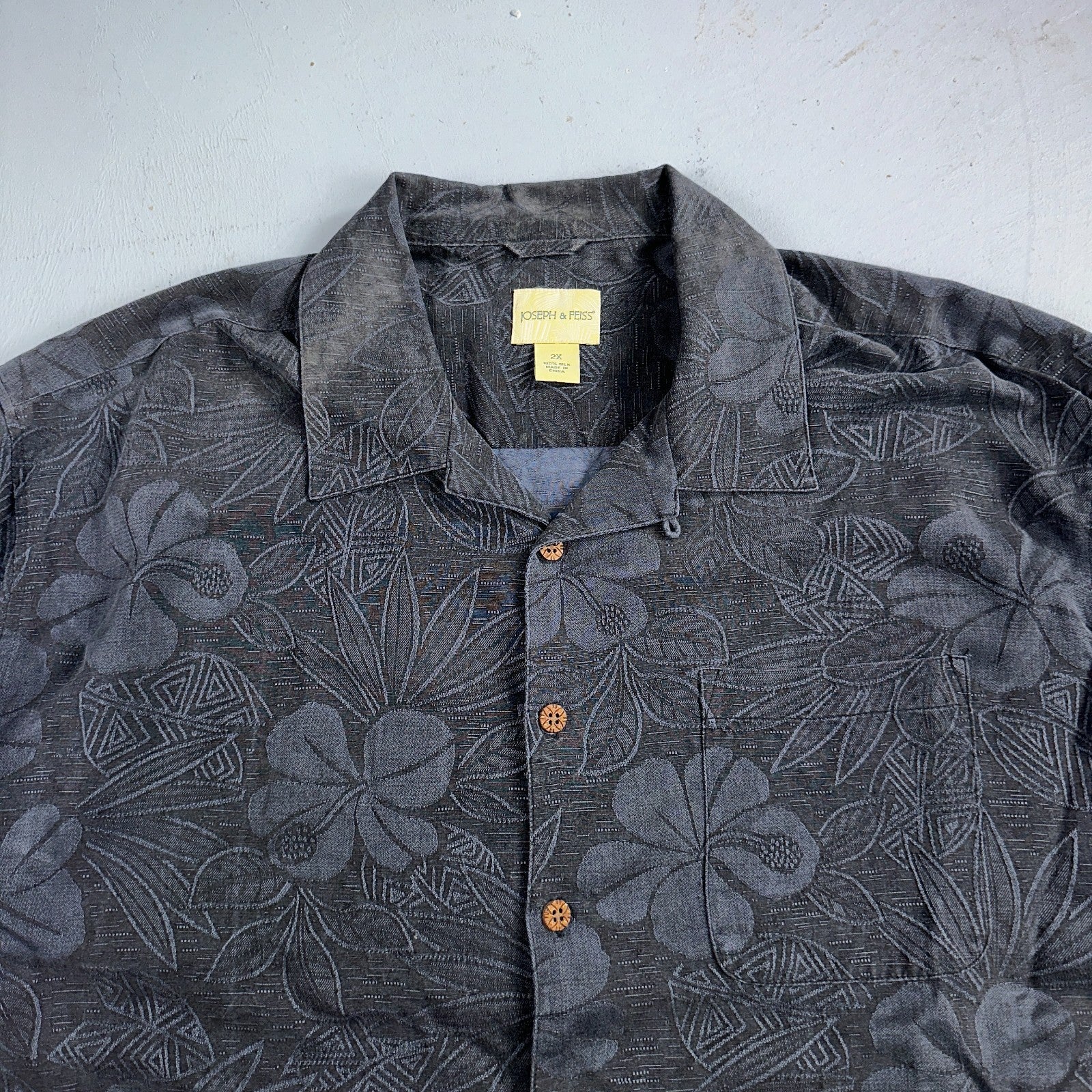 Joseph & Feiss Silk Shirt Mens XXL Short Sleeve Button Up Floral Camp Black Gray