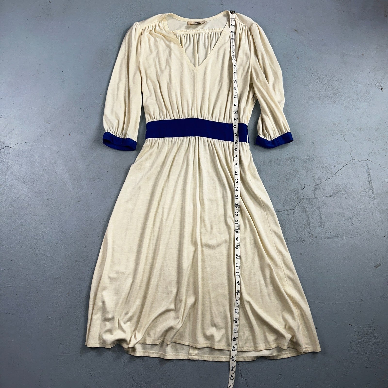 Vintage René Helga Howie Cream Midi Dress Blue Trim V-Neck 3/4 Sleeve Boho 70s