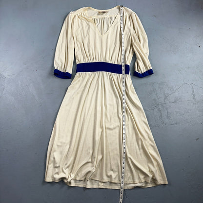 Vintage René Helga Howie Cream Midi Dress Blue Trim V-Neck 3/4 Sleeve Boho 70s