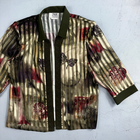 R&M Richards Karen Kwong Womens Blouse Gold Print Chain Shoulder Pads 14 USA VTG