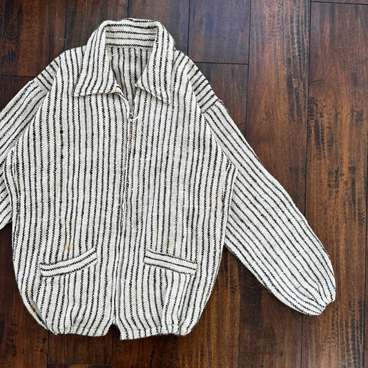 VTG 60s Sweatshirt Womens Zebra Stripe Full Zip Long Sleeve Wool 1960s Rare