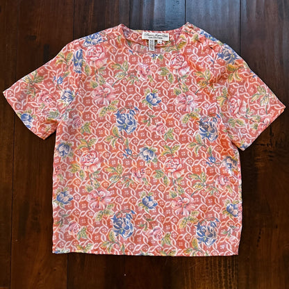 VTG Laura and Jayne Peites Womens Semi Sheer Blouse Blue Button 4 Floral Cute