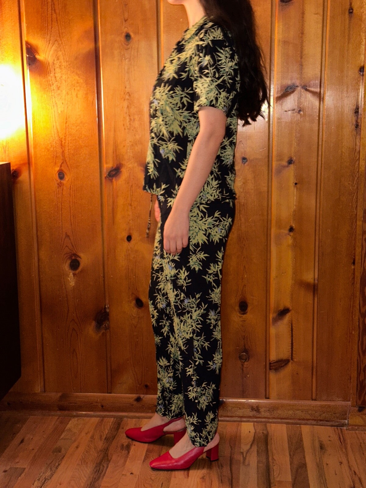 Clio VTG 2 Piece Set Blouse Shirt Pants Rayon Hawaiian Floral Boho Chic 1980s