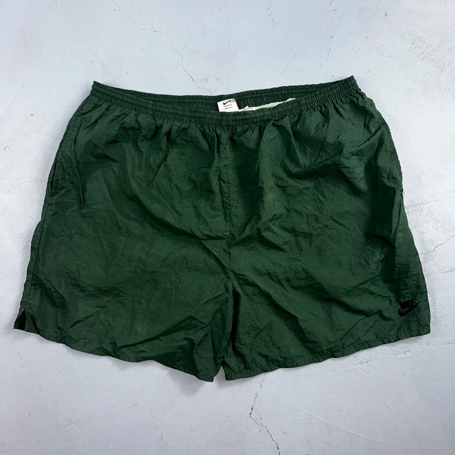 Nike Vintage Green Nylon Shorts Swoosh 2XL 90s White Tag 5” Inseam Running Swim