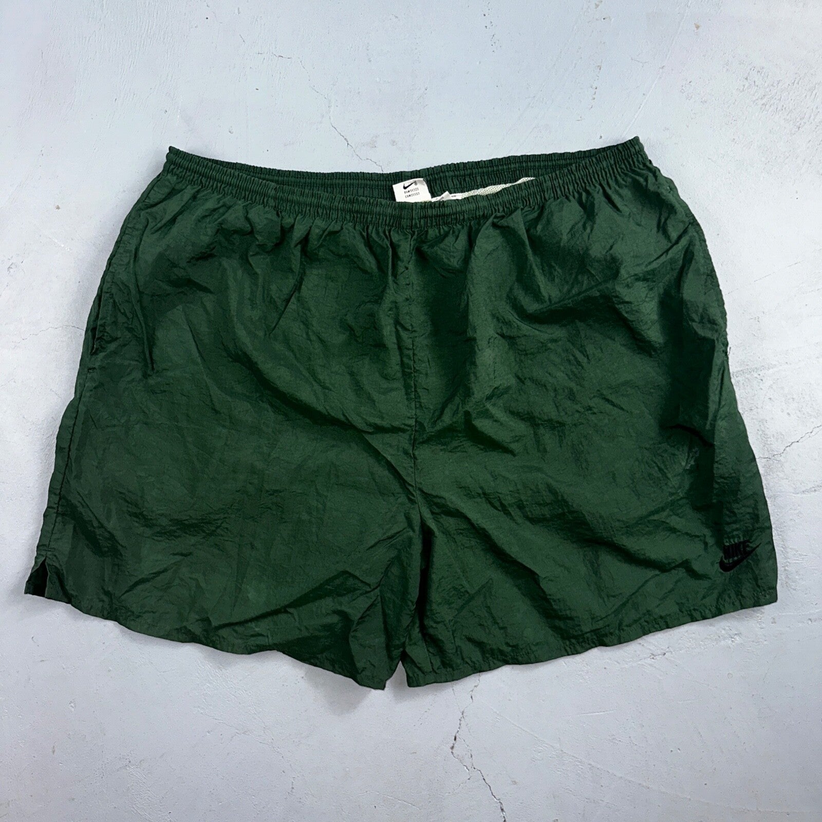 Nike Vintage Green Nylon Shorts Swoosh 2XL 90s White Tag 5” Inseam Running Swim