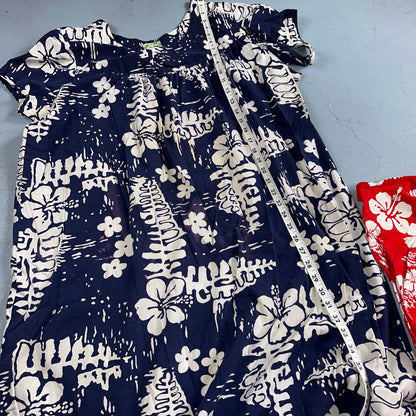 Vintage 60's Ui-Maikai Barkcloth Red and Blue Hawaiian Dress Lot Needs Repairs