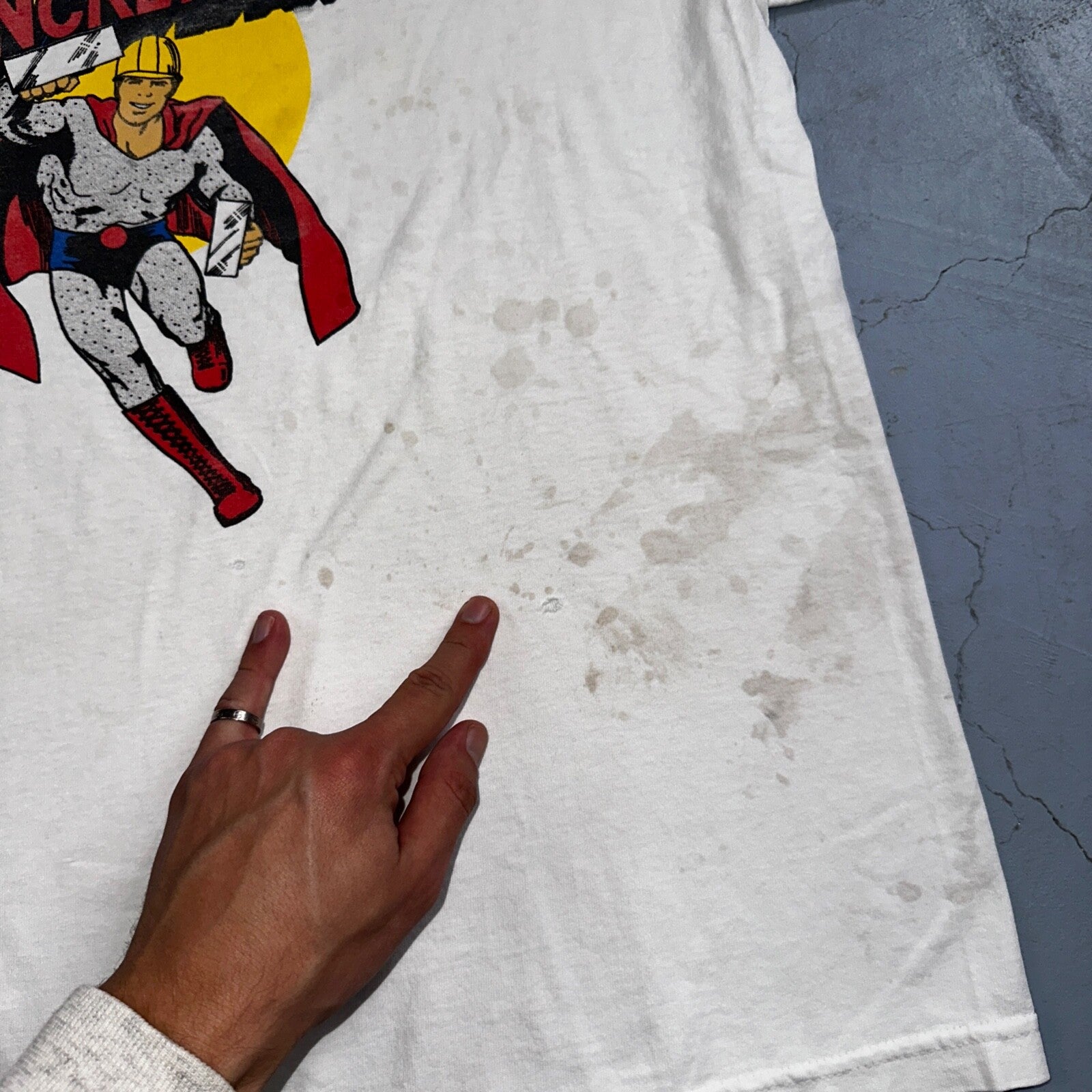 Superman Concrete Man Funny VTG T Shirt 90s USA Spin Off Marvel Construction Rap