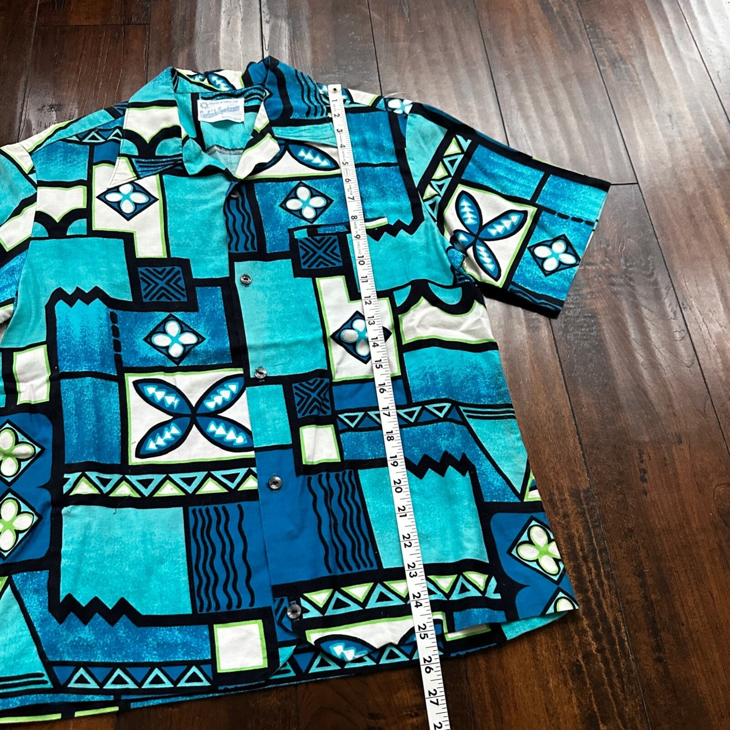 1960s Hawaiian Button Down Shirt Vintage Rockabilly 50s 60s Crop Fit Beach Blue