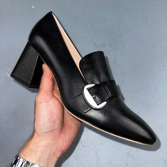 Kate Spade Alia Black Block Heel Pump 9.5 Leather Chunky Silver Tone Buckle