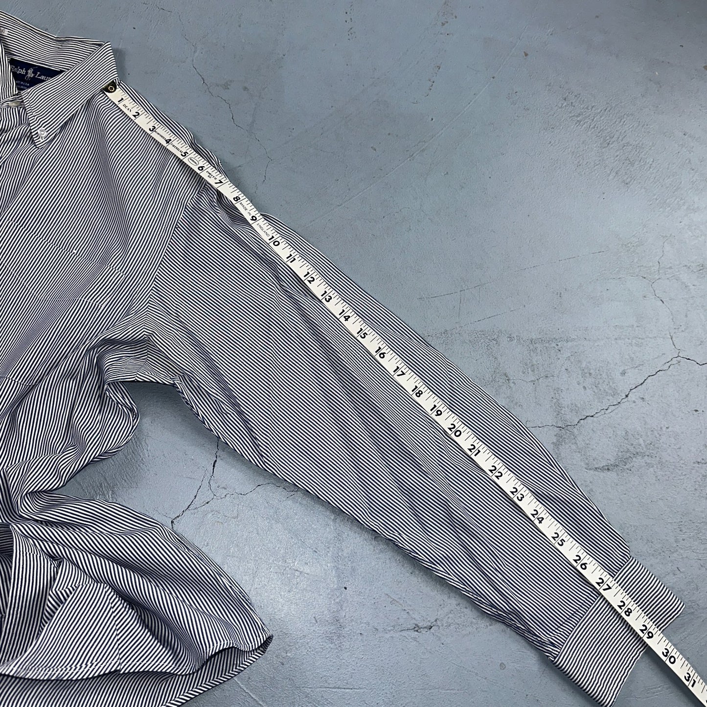 Polo Ralph Lauren Shirt 15.5 White Navy Striped USA Japan Button Up Long Sleeve