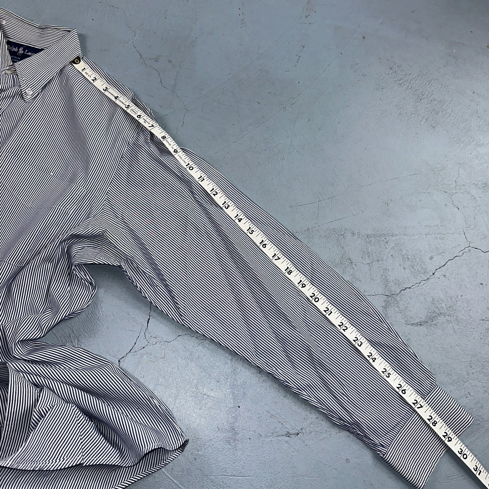 Polo Ralph Lauren Shirt 15.5 White Navy Striped USA Japan Button Up Long Sleeve