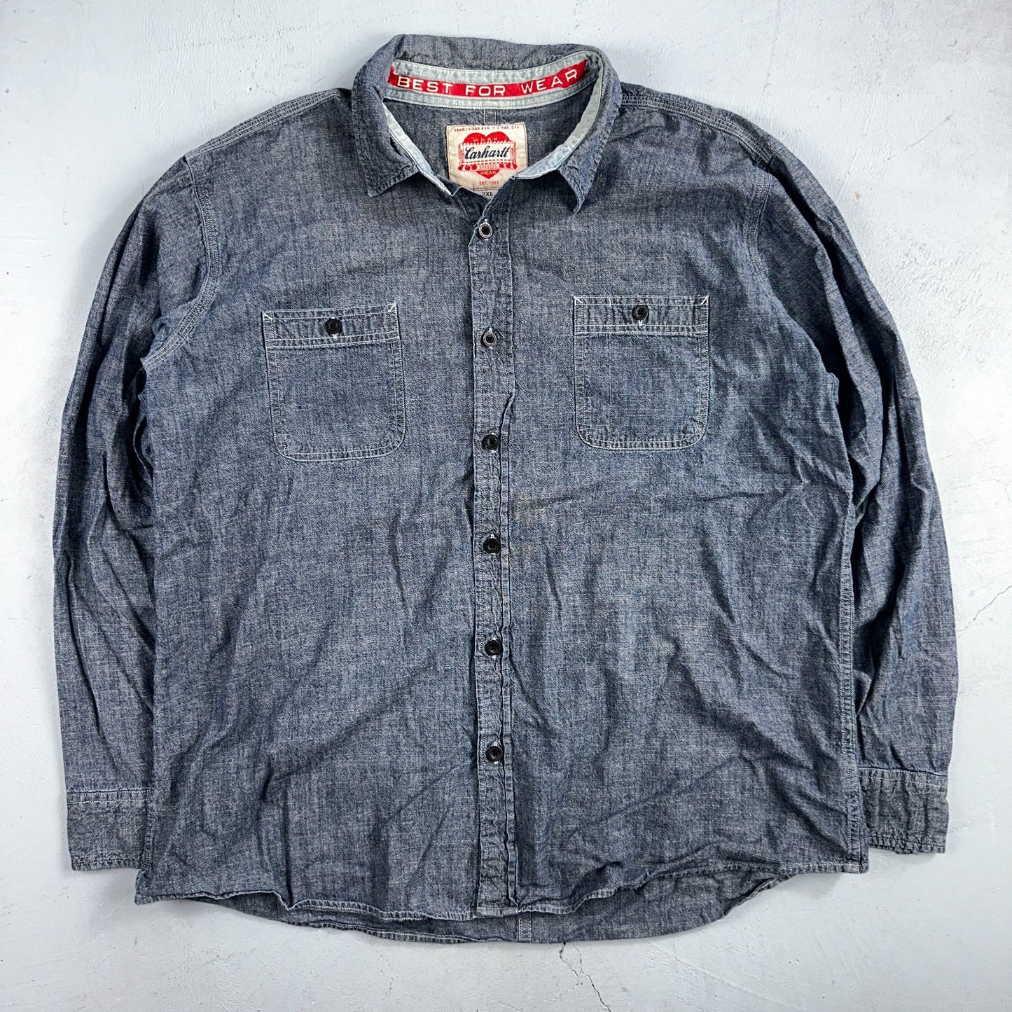 Carhartt Chambray Work Shirt VTG 2XL Demin Long Sleeve Button Up Heart Logo 60s