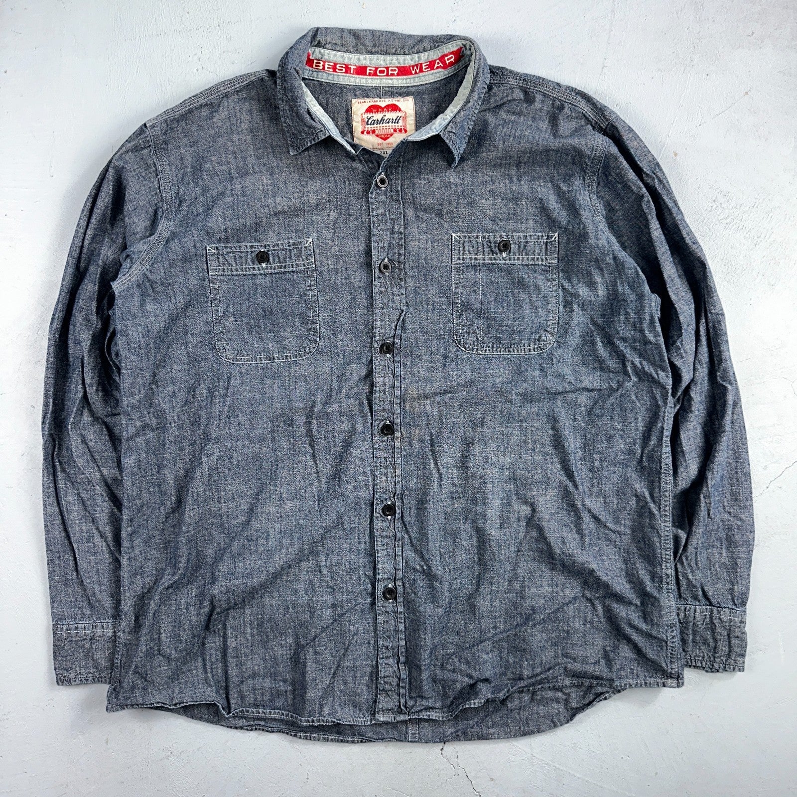 Carhartt Chambray Work Shirt VTG 2XL Demin Long Sleeve Button Up Heart Logo 60s