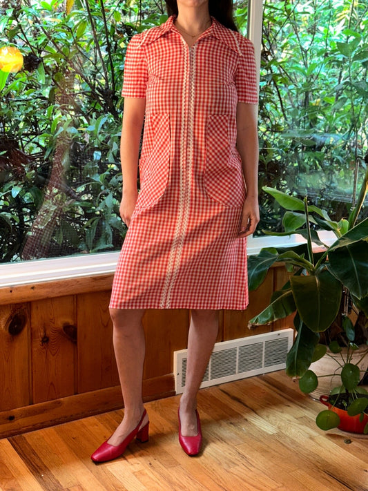 VTG 1970s Dress Grandmacore Cottagecore Casual Rockabilly Checkerboard Cute Red