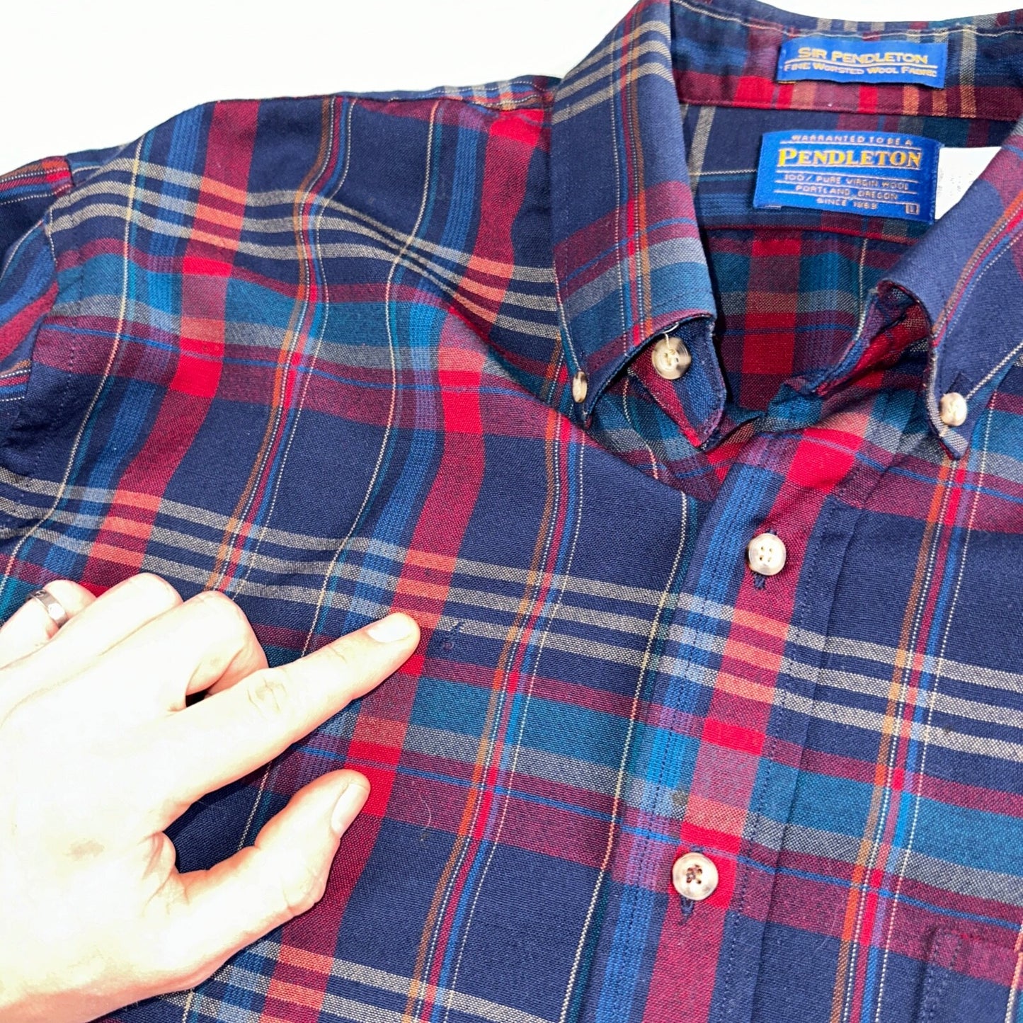 Sir Pendleton Shirt Mens Large Worsted Pure Virgin Wool Multicolor Plaid USA Red