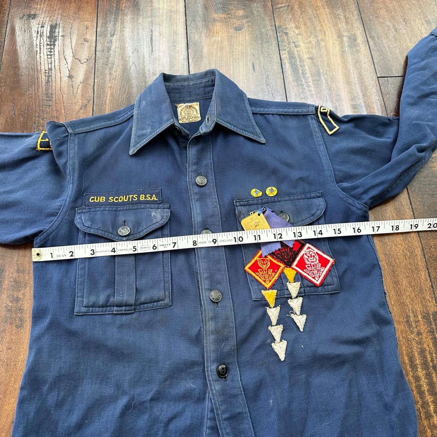 Vintage 60s BSA Boy Scouts Cub Shirt Blue Button Up Uniform Flawed Pins