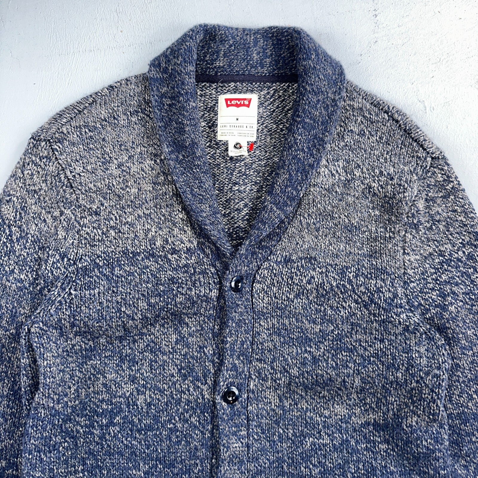 Levis Women's M Woolmark Blend Knit Blue Long Sleeve Button Up Sweater VTG