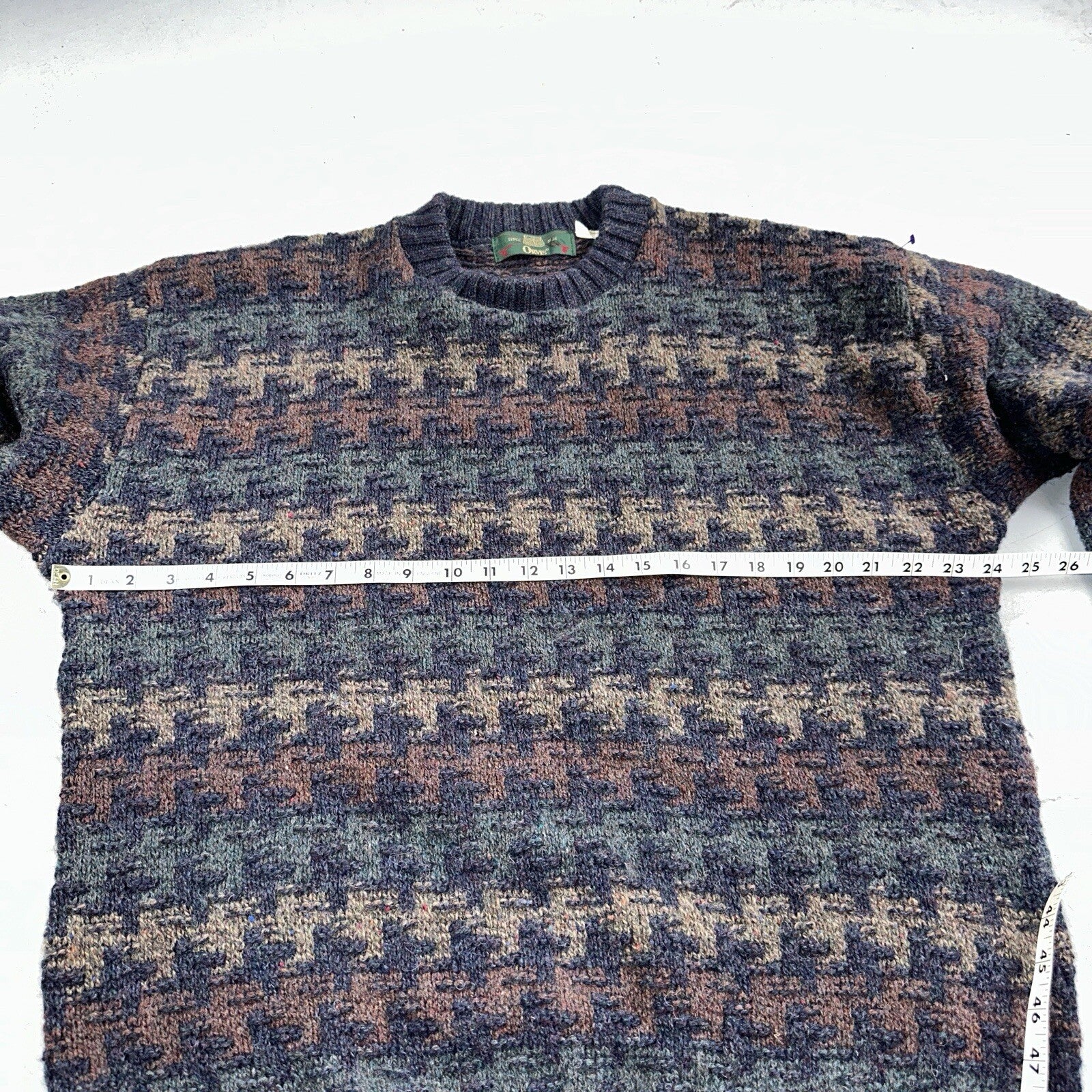 Orvis Men’s Wool Sweater XL Navy Green Tan Brown Jumper Houndstooth GrandpaCore