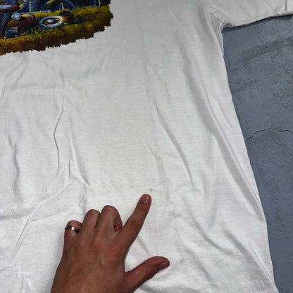 Antique Cars Farm House VTG T Shirt Jerzees Fun Grandpa Core Racing Y2K White