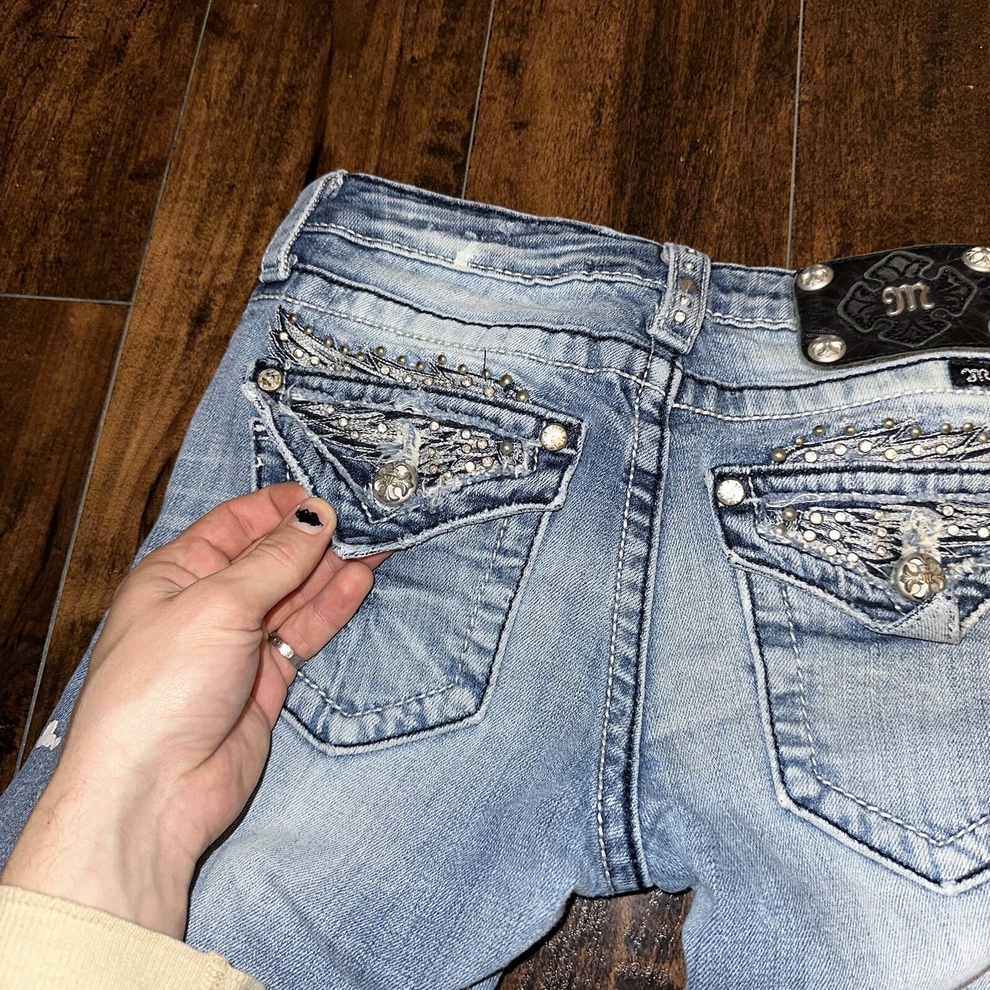 MISS ME RHINESTONE POCKET JE533OE2R EASY BOOT WOMEN'S JEANS 25 VTG PAINT Y2K