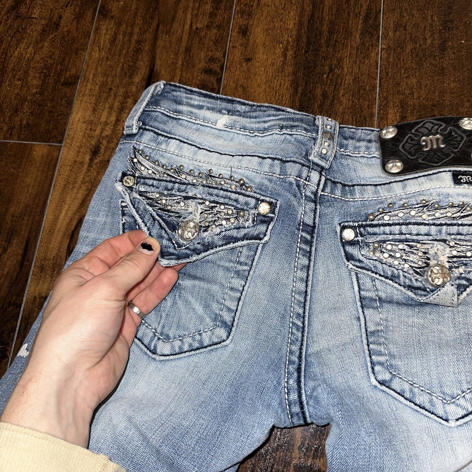 MISS ME RHINESTONE POCKET JE533OE2R EASY BOOT WOMEN'S JEANS 25 VTG PAINT Y2K