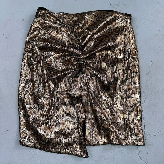 Zara Woman Metallic Gold Snake Print Sequined Ruched Mini Skirt Sz XS Short