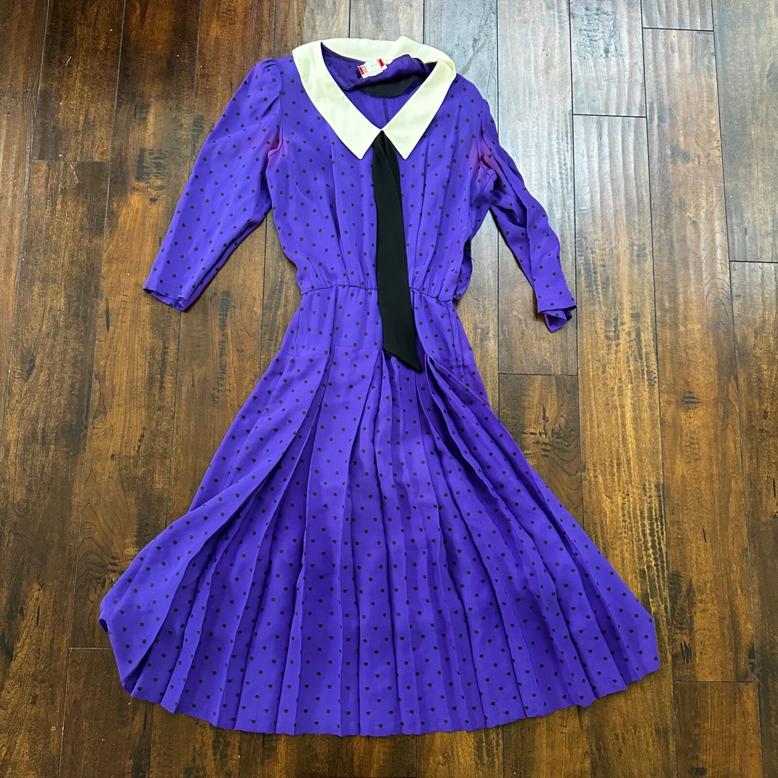 Vintage Katie MFG Purple Print Polka Dot 80s Midi Dress Size Small