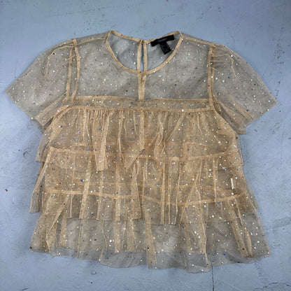 Forever 21 Womens Sheer Neutral Ruffled Short Sleeve Top Sz M