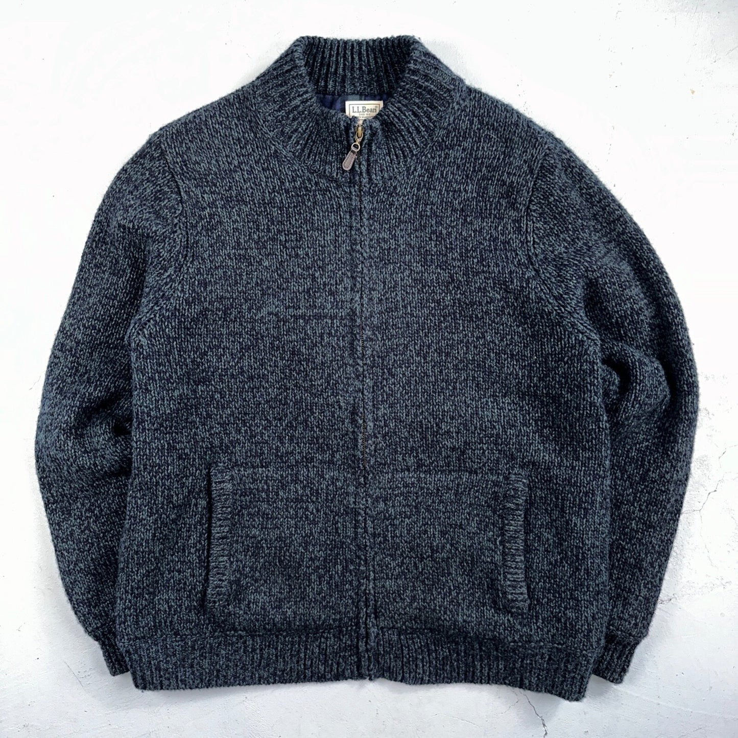 LL Bean Lambs Wool Blue Sweater Full Zip Flannel Plaid Lined Mens L Vintage