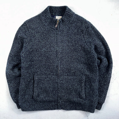 LL Bean Lambs Wool Blue Sweater Full Zip Flannel Plaid Lined Mens L Vintage