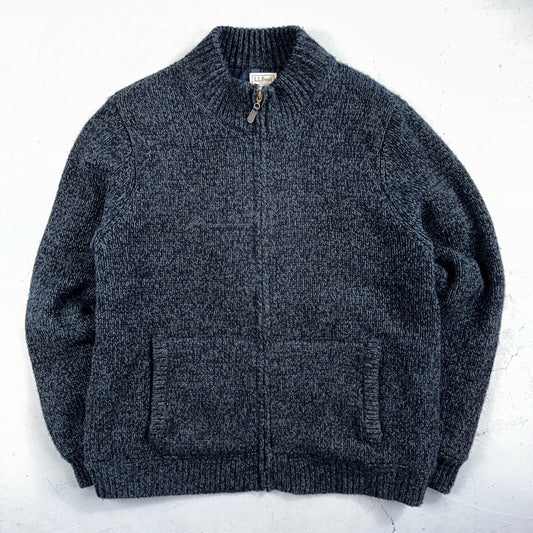LL Bean Lambs Wool Blue Sweater Full Zip Flannel Plaid Lined Mens L Vintage
