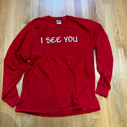 Keith Harring Best Buddies Print Vintage Style T Shirt Long Sleeve Red I SEE YOU