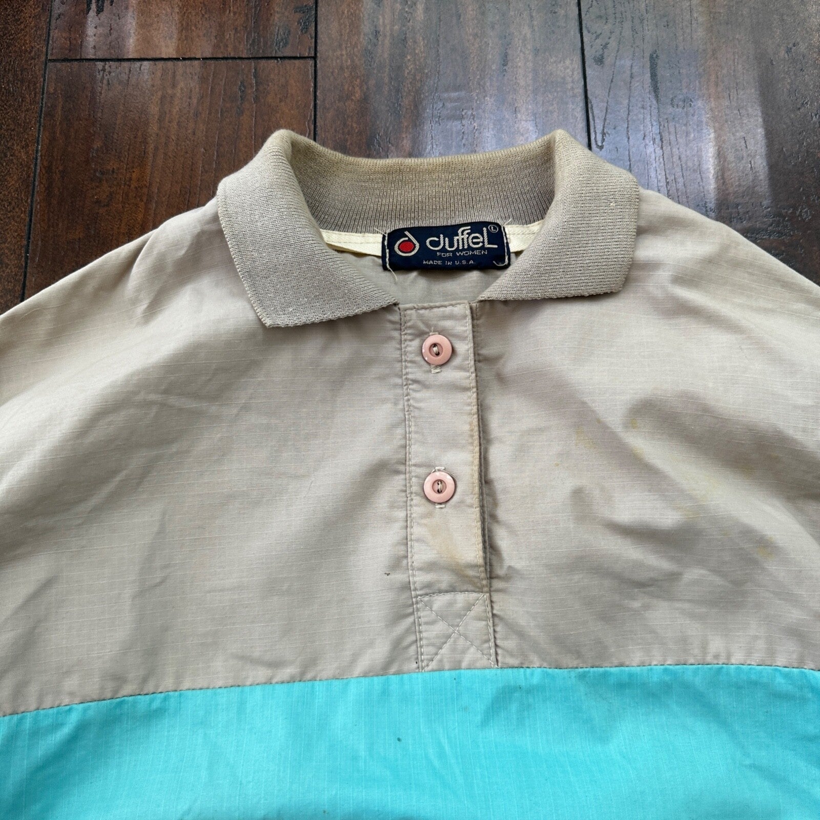 VTG 80s Duffel Pink Blue Strip Collared Pullover Windbreaker Womens L Colorblock