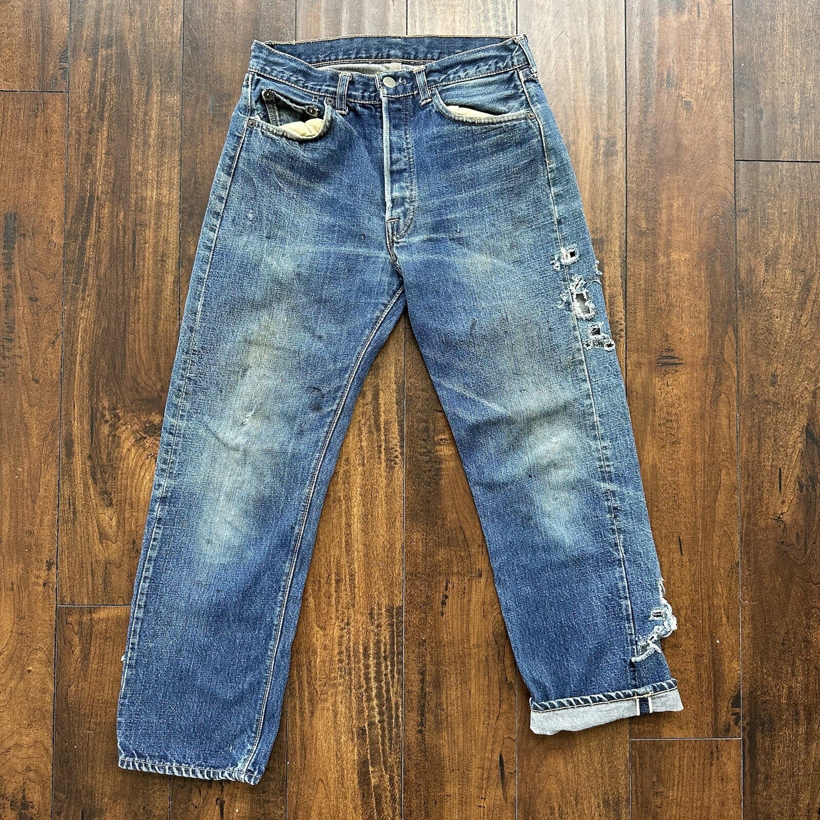 Levis 501 XX Big E True Vintage 60s Redline THRASHED Denim Jeans 1960s 27x26