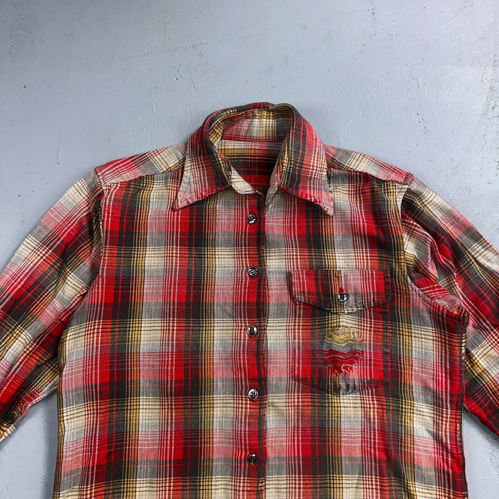 VTG Big Mac JC Penny Thick 100% Cotton Flannel Work Shirt M 70s Plaid Thrashed