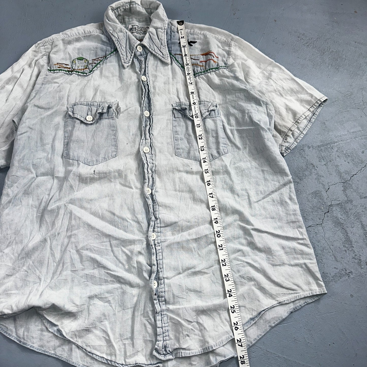 Vintage 70s Kmart Chambray Western Men’s Shirt Size L Embroidery Thrashed Rare