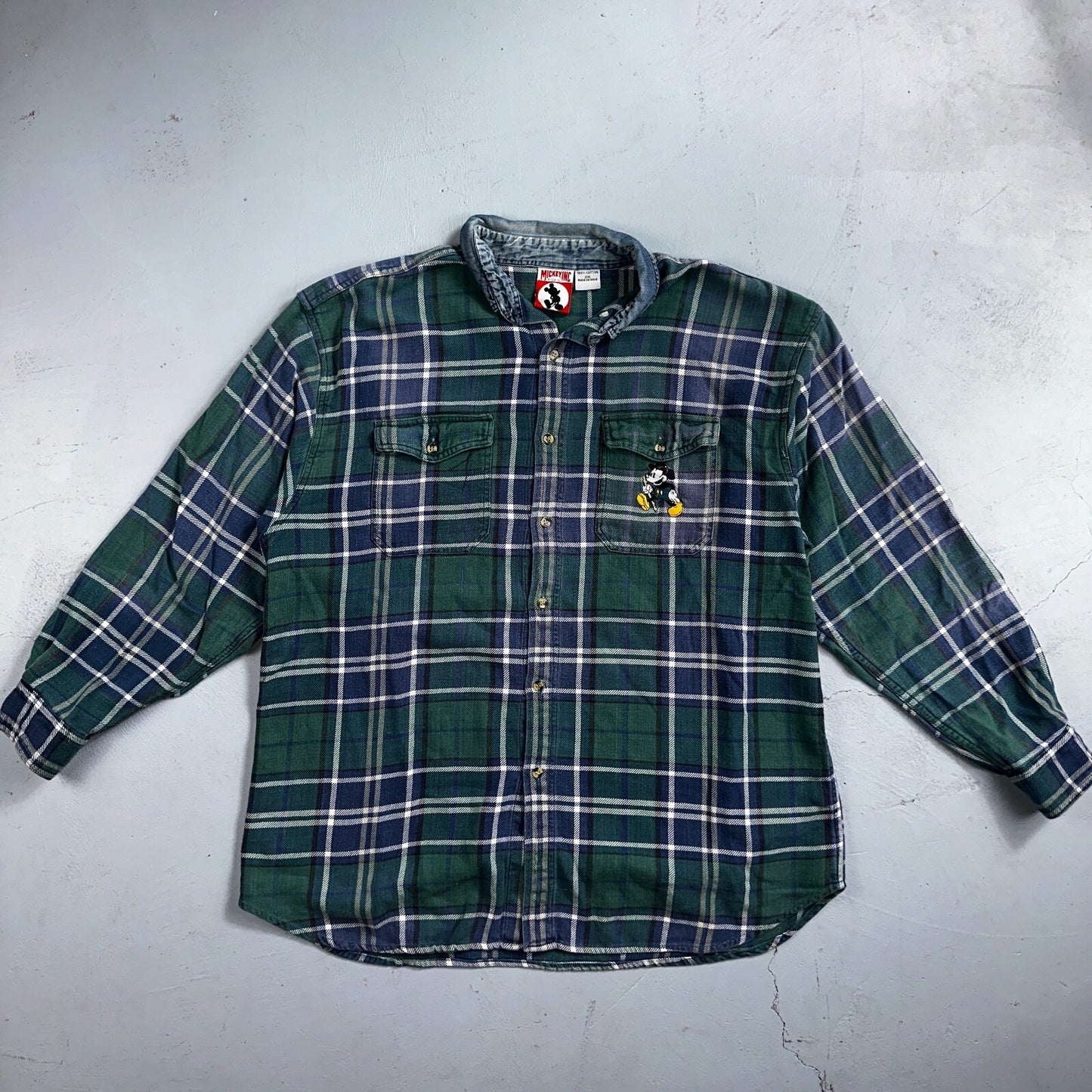 Vintage 90s Disney Mickey 2XL Blue Green Plaid Flannel Shirt Embroidered Pocket
