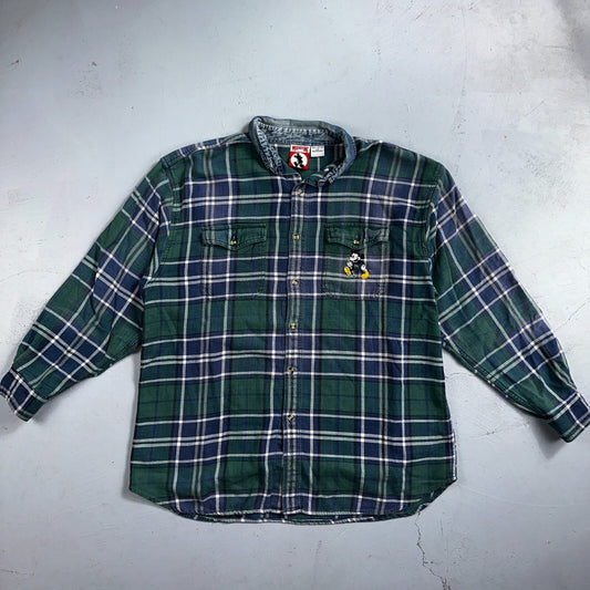 Vintage 90s Disney Mickey 2XL Blue Green Plaid Flannel Shirt Embroidered Pocket