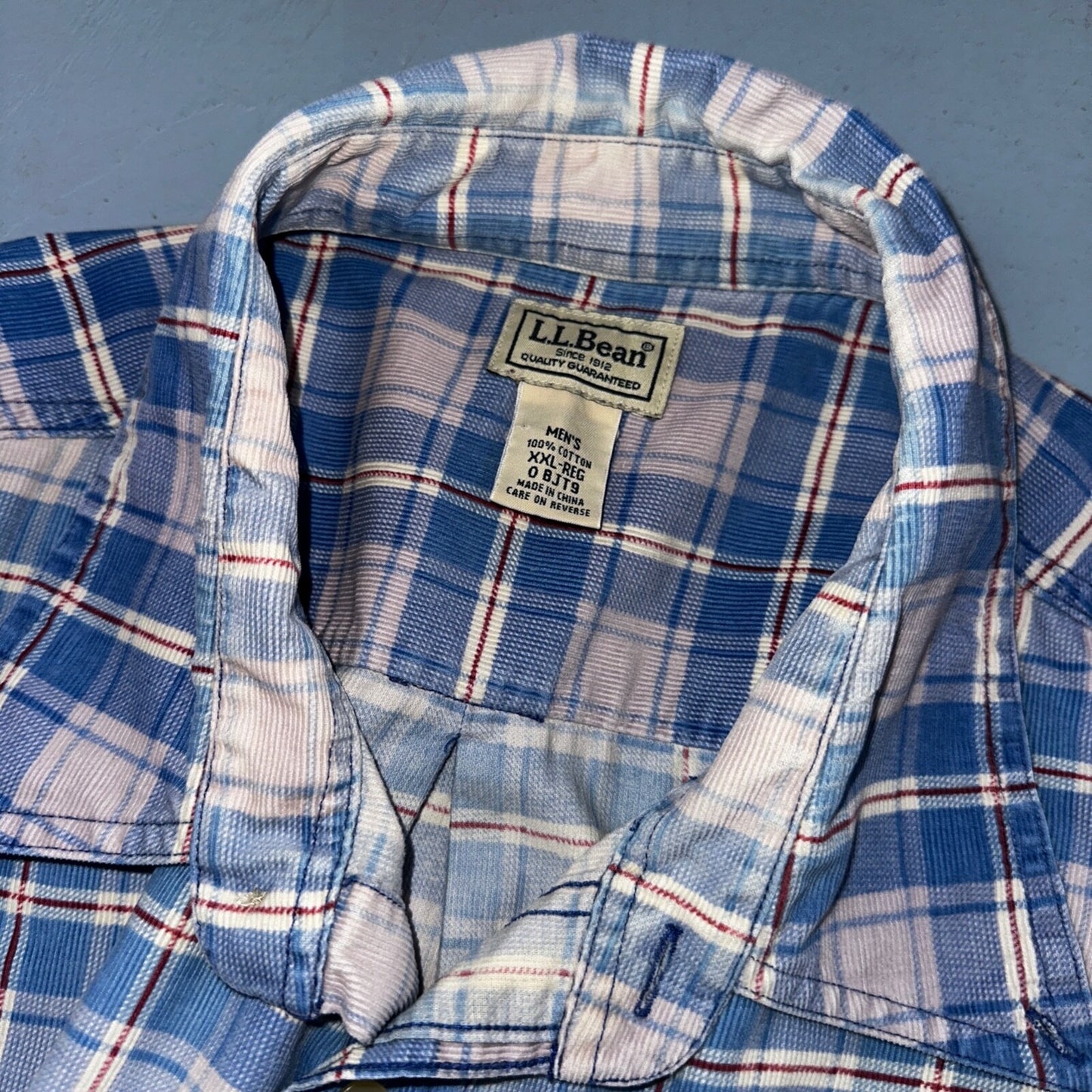 LL Bean Shirt Mens 2XL Blue Plaid Corduroy Button Down Traditional Fit VTG