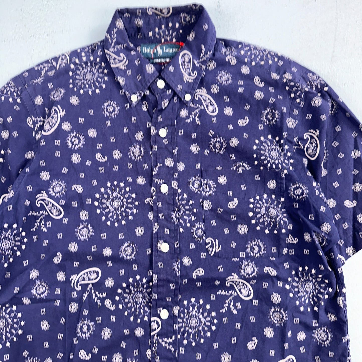 Ralph Lauren Custom Fit Paisley Navy Blue Geometric Pattern M Sleeve Button Up