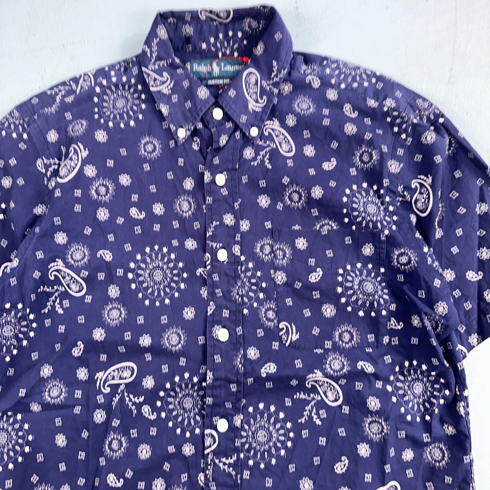 Ralph Lauren Custom Fit Paisley Navy Blue Geometric Pattern M Sleeve Button Up