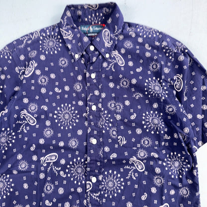 Ralph Lauren Custom Fit Paisley Navy Blue Geometric Pattern M Sleeve Button Up