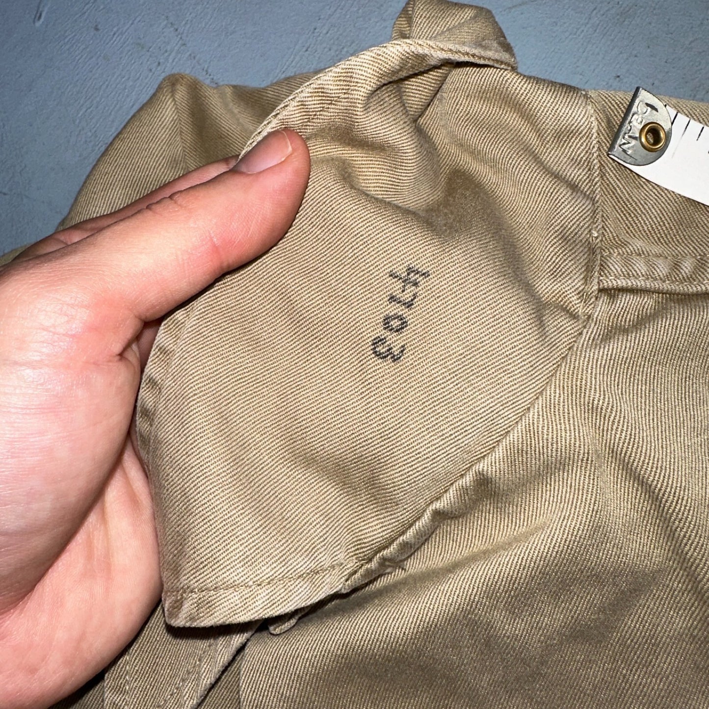 Vintage 40s WWII Gusset Khaki Work Army Military Button Shirt Stencil USN
