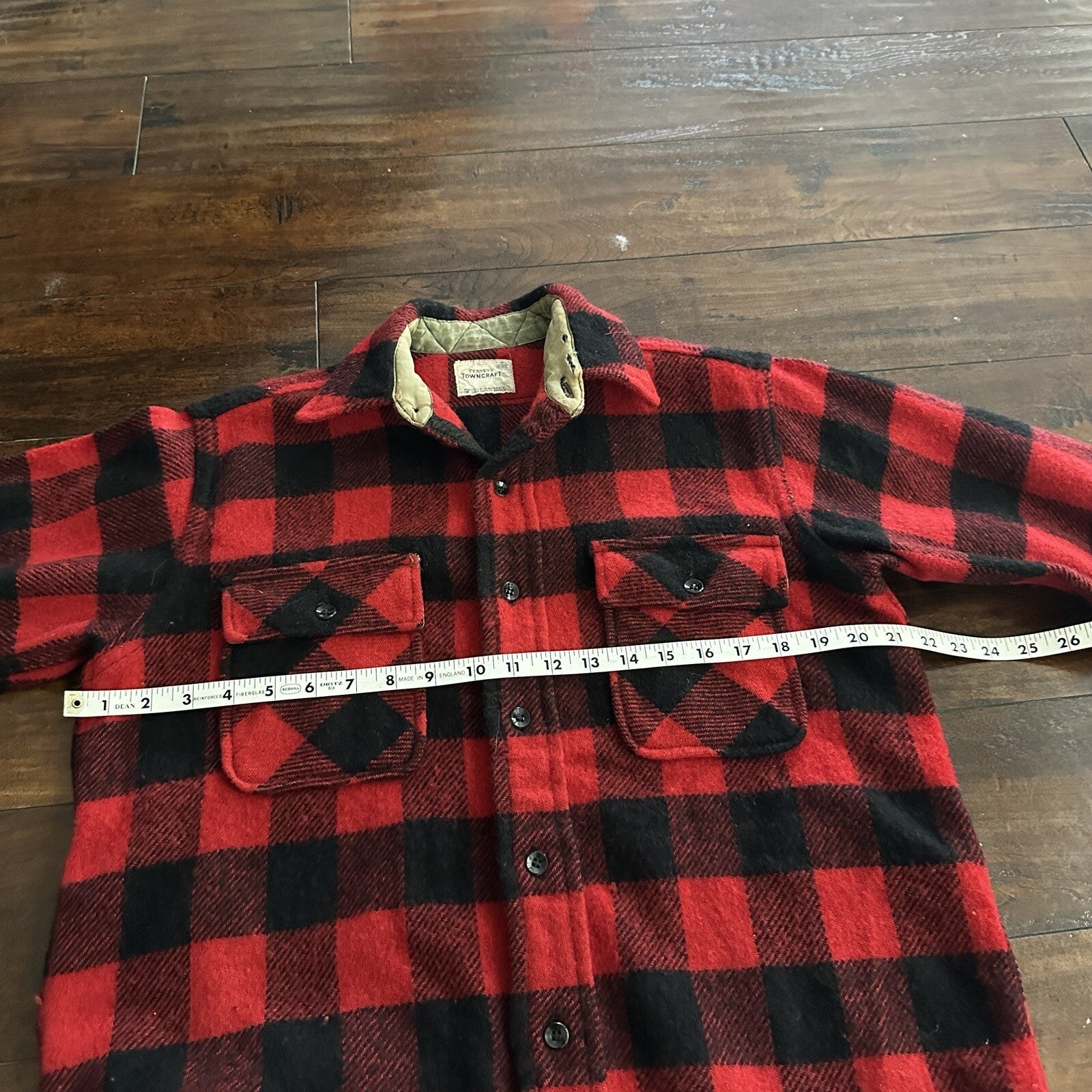 Vintage Penneys Towncraft Red Black Plaid Flannel Shirt Sz M Checker 60s 70s