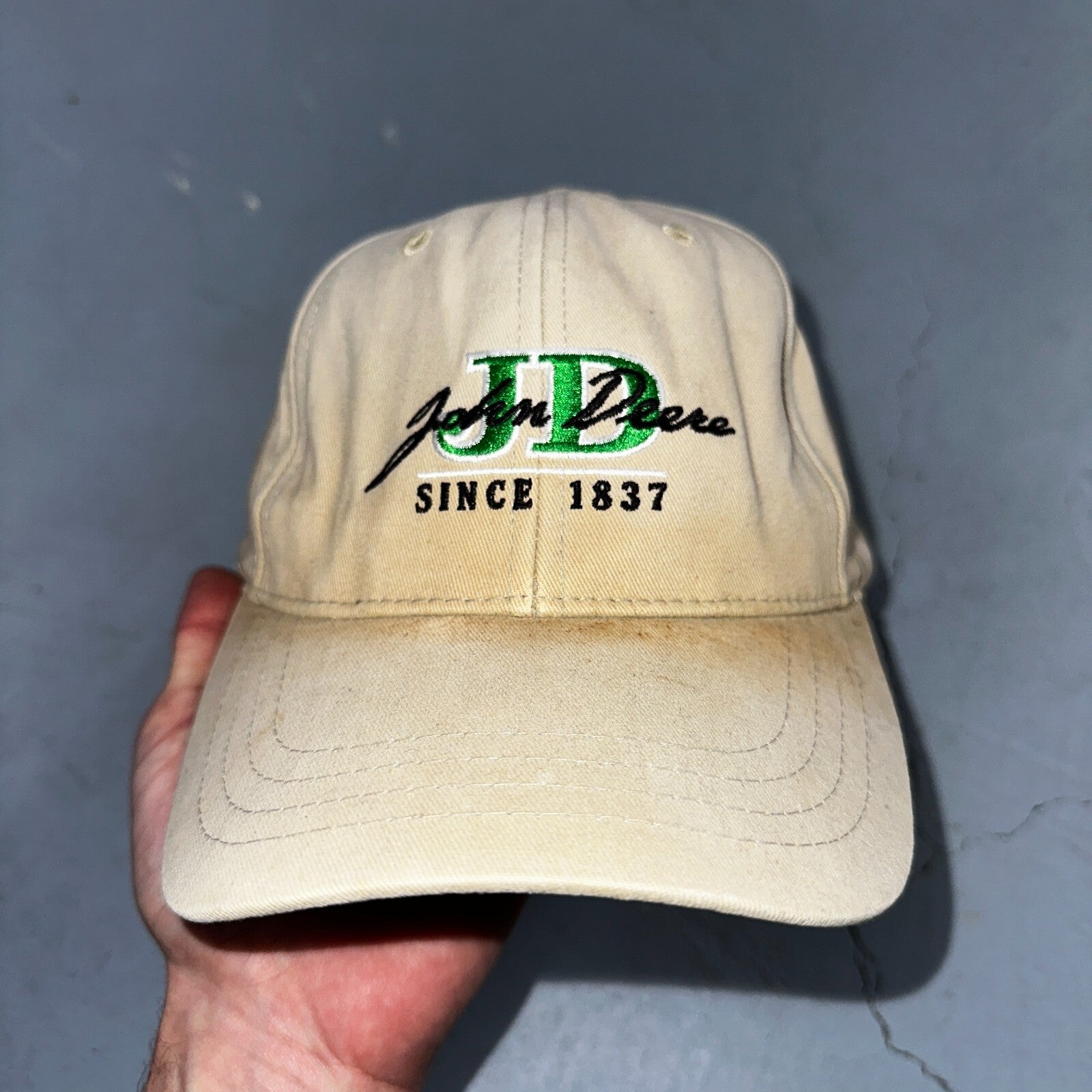 John Deere VTG Hat Cap Snapback Yellow Stained Tractor Fun Farmer Used